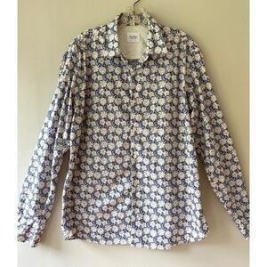 Serge Blanco Sz XL Floral‎ Beige Navy Long Sleeve Shirt Classic Fit Italian